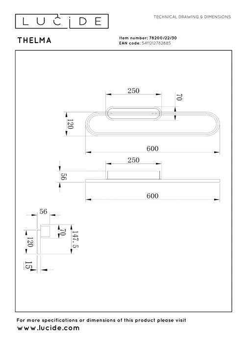 Lucide THELMA - Wandlamp - LED Dimb. - 1x24W 2700K - Zwart - technisch